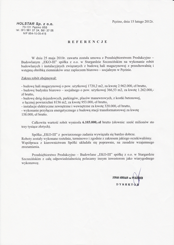 Dokument z referencją od HOLSTAR.